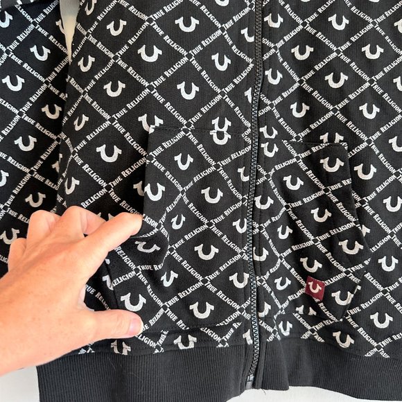 True Religion New Black & White Logo-Print Full Zip-Up Hoodie Youth MEDIUM - Picture 2 of 9